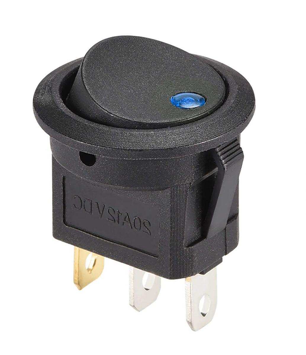 Тумблер 2 положения черный круглый с лампой (СИНЯЯ) 3-ножки Тумблер 2 положения черный круглый с лампой (СИНЯЯ) 3-ножки