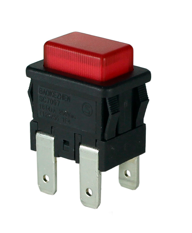 Тумблер нажимной прямоугольный с фикс (красный) 4-ножки Тумблер нажимной прямоугольный с фикс (красный) 4-ножки